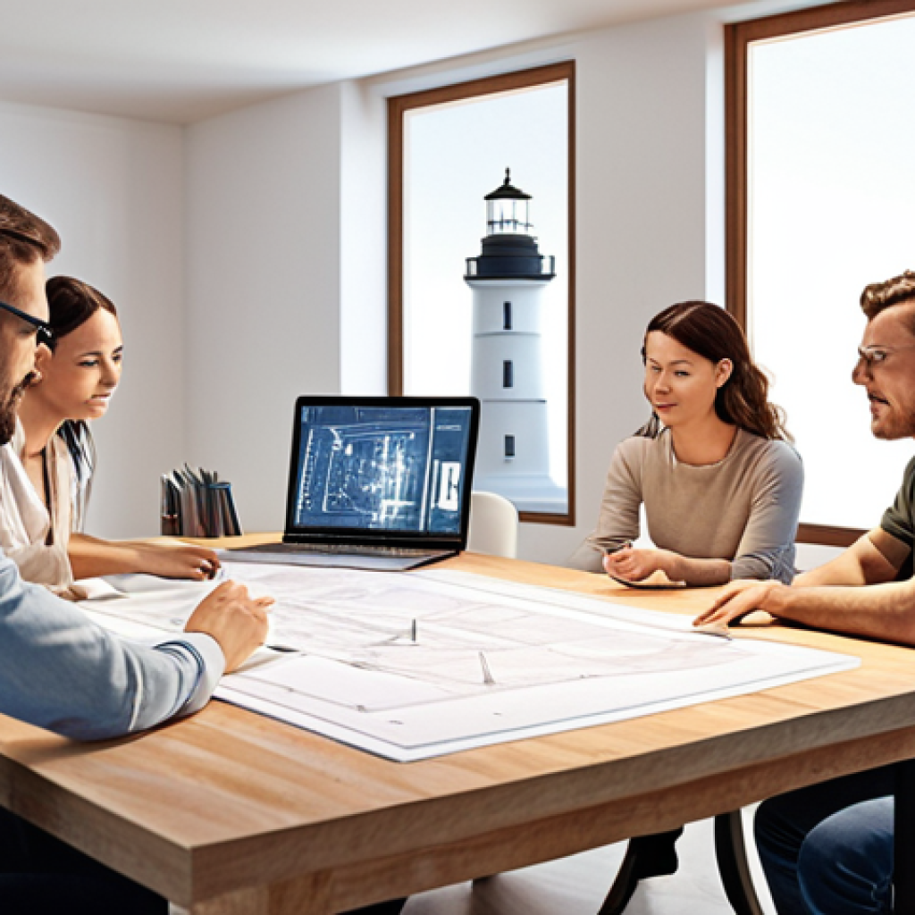 **Prompt:** A diverse team of home designers and architects in a bright, modern studio, intensely focused and collaborating around a large digital blueprint or a 3D rendering of a sophisticated home design. Subtle glowing lines connect team members, symbolizing a clear, unified vision and well-defined roles leading to a harmonious workflow. The atmosphere is professional, creative, and highly organized, emphasizing the "lighthouse" aspect of a clear vision. High detail, natural light, and a sense of collective purpose.