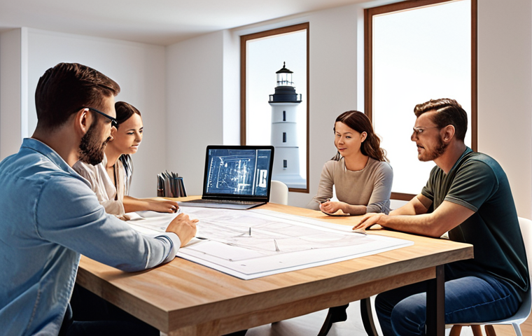 **Prompt:** A diverse team of home designers and architects in a bright, modern studio, intensely focused and collaborating around a large digital blueprint or a 3D rendering of a sophisticated home design. Subtle glowing lines connect team members, symbolizing a clear, unified vision and well-defined roles leading to a harmonious workflow. The atmosphere is professional, creative, and highly organized, emphasizing the "lighthouse" aspect of a clear vision. High detail, natural light, and a sense of collective purpose.