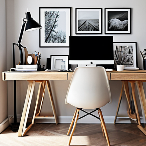 Home 19 **Modern Home Office Setup:** "A stylish and organized home office space with a clean desk, ergonomic chair, natural light, and design samples neatly arranged, reflecting a hybrid work approach. Consider Scandinavian design elements and a calming color palette."