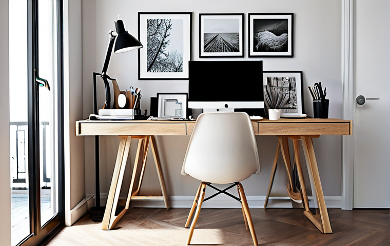 **Modern Home Office Setup:** "A stylish and organized home office space with a clean desk, ergonomic chair, natural light, and design samples neatly arranged, reflecting a hybrid work approach. Consider Scandinavian design elements and a calming color palette."