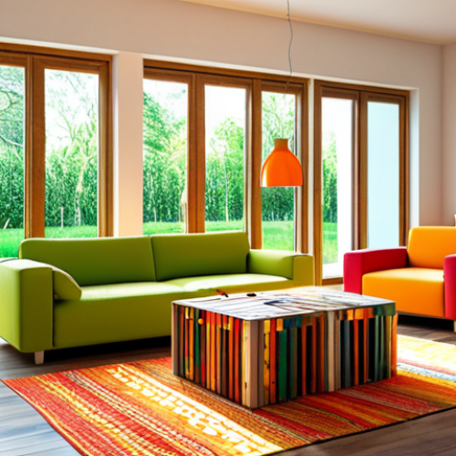 Home 18 **A brightly colored, modern living room interior featuring a mix of recycled wood furniture, energy-efficient lighting, and a large window overlooking a green garden. The style should evoke a sense of sustainable living and innovative design, with a focus on ergonomics and accessibility.**