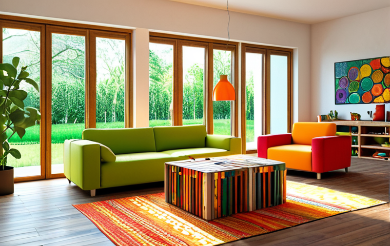 **A brightly colored, modern living room interior featuring a mix of recycled wood furniture, energy-efficient lighting, and a large window overlooking a green garden. The style should evoke a sense of sustainable living and innovative design, with a focus on ergonomics and accessibility.**