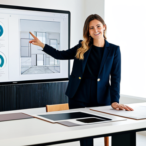 Home 9 A professional interior designer, fully clothed in a modest business suit, presents a digital portfolio on a large monitor in a modern, well-lit design studio. The monitor displays a detailed case study focusing on sustainable interior solutions, showing a project's evolution from concept sketches to rendered eco-friendly material palettes and a functional, aesthetically pleasing living space. The designer points to a screen detail, showcasing natural light integration and cleverly upcycled furniture pieces, emphasizing process and environmental responsibility. This image conveys a dynamic narrative, professional dress, appropriate attire, safe for work, perfect anatomy, correct proportions, natural pose, well-formed hands, proper finger count, natural body proportions, high quality, family-friendly content.
