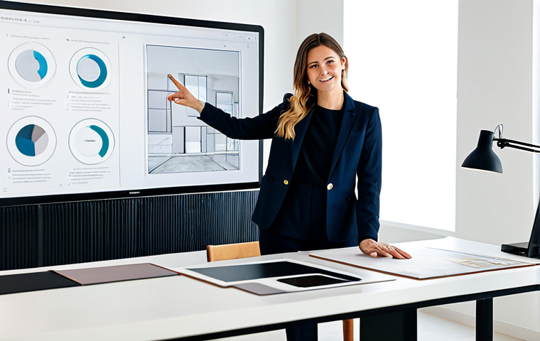 A professional interior designer, fully clothed in a modest business suit, presents a digital portfolio on a large monitor in a modern, well-lit design studio. The monitor displays a detailed case study focusing on sustainable interior solutions, showing a project's evolution from concept sketches to rendered eco-friendly material palettes and a functional, aesthetically pleasing living space. The designer points to a screen detail, showcasing natural light integration and cleverly upcycled furniture pieces, emphasizing process and environmental responsibility. This image conveys a dynamic narrative, professional dress, appropriate attire, safe for work, perfect anatomy, correct proportions, natural pose, well-formed hands, proper finger count, natural body proportions, high quality, family-friendly content.