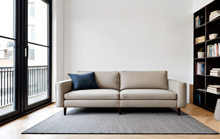 A contemporary studio apartment living area designed for optimal space efficiency. The scene features a sleek, professional-looking sofa in a neutral color, positioned in front of a bright window that lets in abundant natural light. An extendable coffee table sits centered on a minimalist rug. Along one wall, integrated, custom-built shelving units provide ample, discreet storage, displaying a few carefully curated, non-human decorative items and books. The overall aesthetic is clean, airy, and inviting, with a focus on smart design. perfect anatomy, correct proportions, natural pose, well-formed hands, proper finger count, natural body proportions, professional photography, high quality, safe for work, appropriate content, fully clothed, modest, family-friendly.