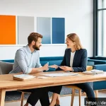 홈디자인 전문가의 협상력 기르기 - A modern interior design negotiation scene set in a bright, stylish German office with natural wood ...
