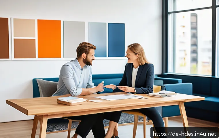 홈디자인 전문가의 협상력 기르기 - A modern interior design negotiation scene set in a bright, stylish German office with natural wood ...