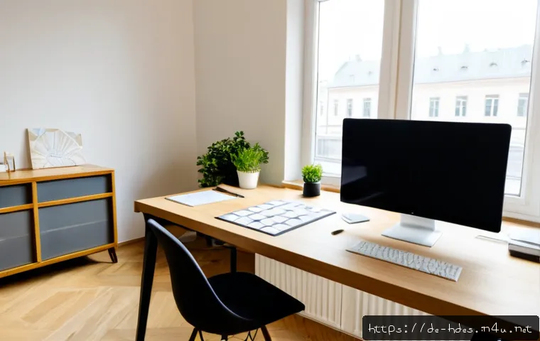 홈디자인 전문가를 위한 책상 꾸미기 - Photorealistic interior designer’s home office in a bright Berlin apartment, refined oak desk with a...
